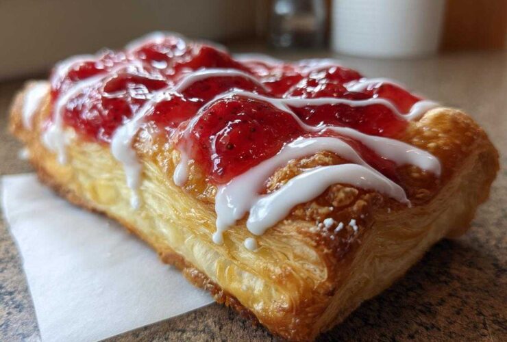 Close-up of a flaky Strawberry Cream Cheese Danish topped with bright red strawberry glaze and white icing.