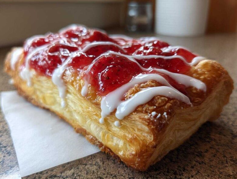 Close-up of a flaky Strawberry Cream Cheese Danish topped with bright red strawberry glaze and white icing.