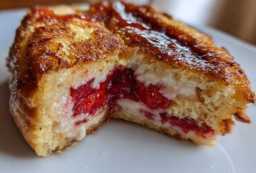 Close-up view of Strawberry Cream Cheese Stuffed French Toast, showing the golden-brown exterior and creamy filling with bright red strawberries.