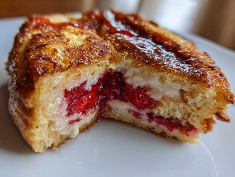 Close-up view of Strawberry Cream Cheese Stuffed French Toast, showing the golden-brown exterior and creamy filling with bright red strawberries.
