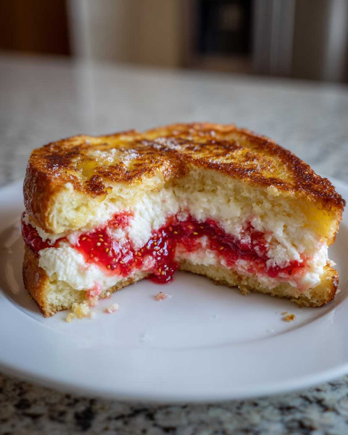 Close-up of Strawberry Cream Cheese Stuffed French Toast cut in half showing creamy filling and jam.
