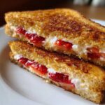 Close-up of two halves of golden brown Strawberry Cream Cheese Stuffed French Toast stacked on a white plate.