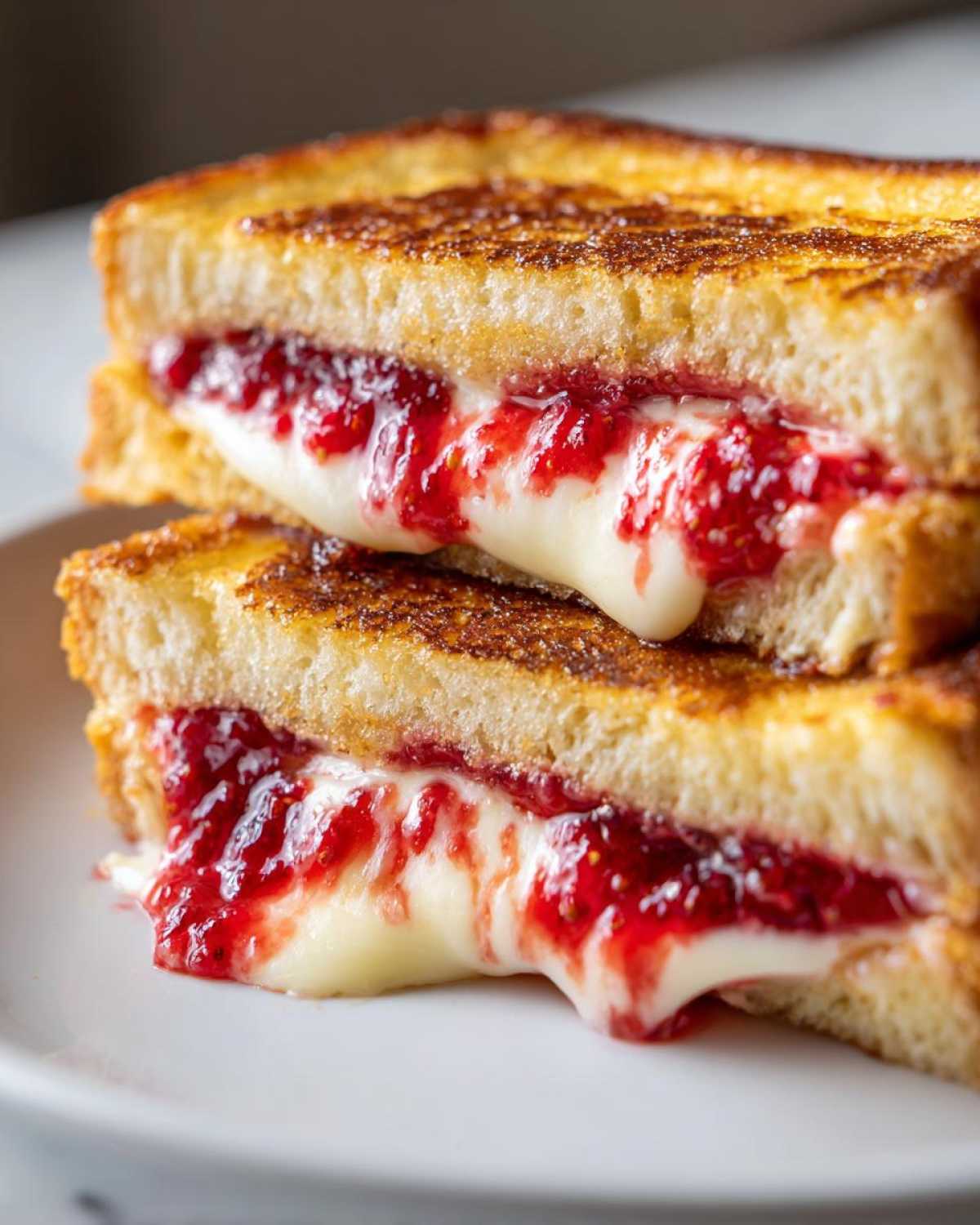 Close-up of Strawberry Cream Cheese Stuffed French Toast halves stacked, showing melted cream cheese and strawberry jam oozing out.