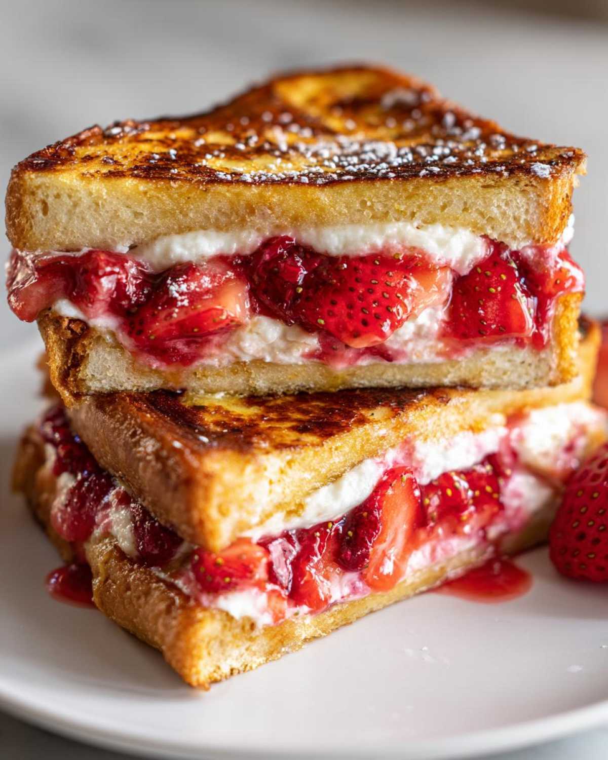 Close-up of stacked Strawberry Cream Cheese Stuffed French Toast dusted with powdered sugar.