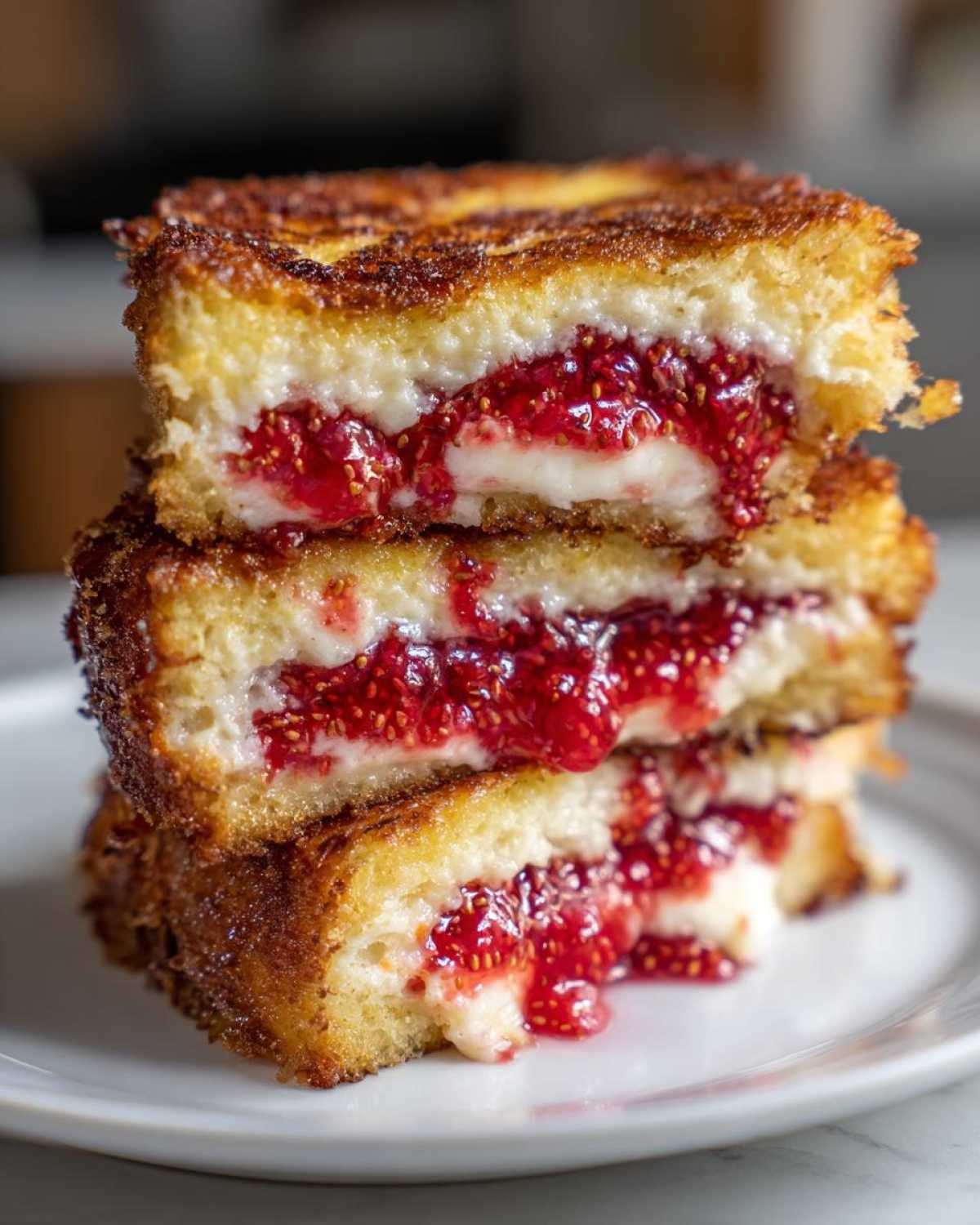 A stack of golden-brown Strawberry Cream Cheese Stuffed French Toast halves showing gooey filling.