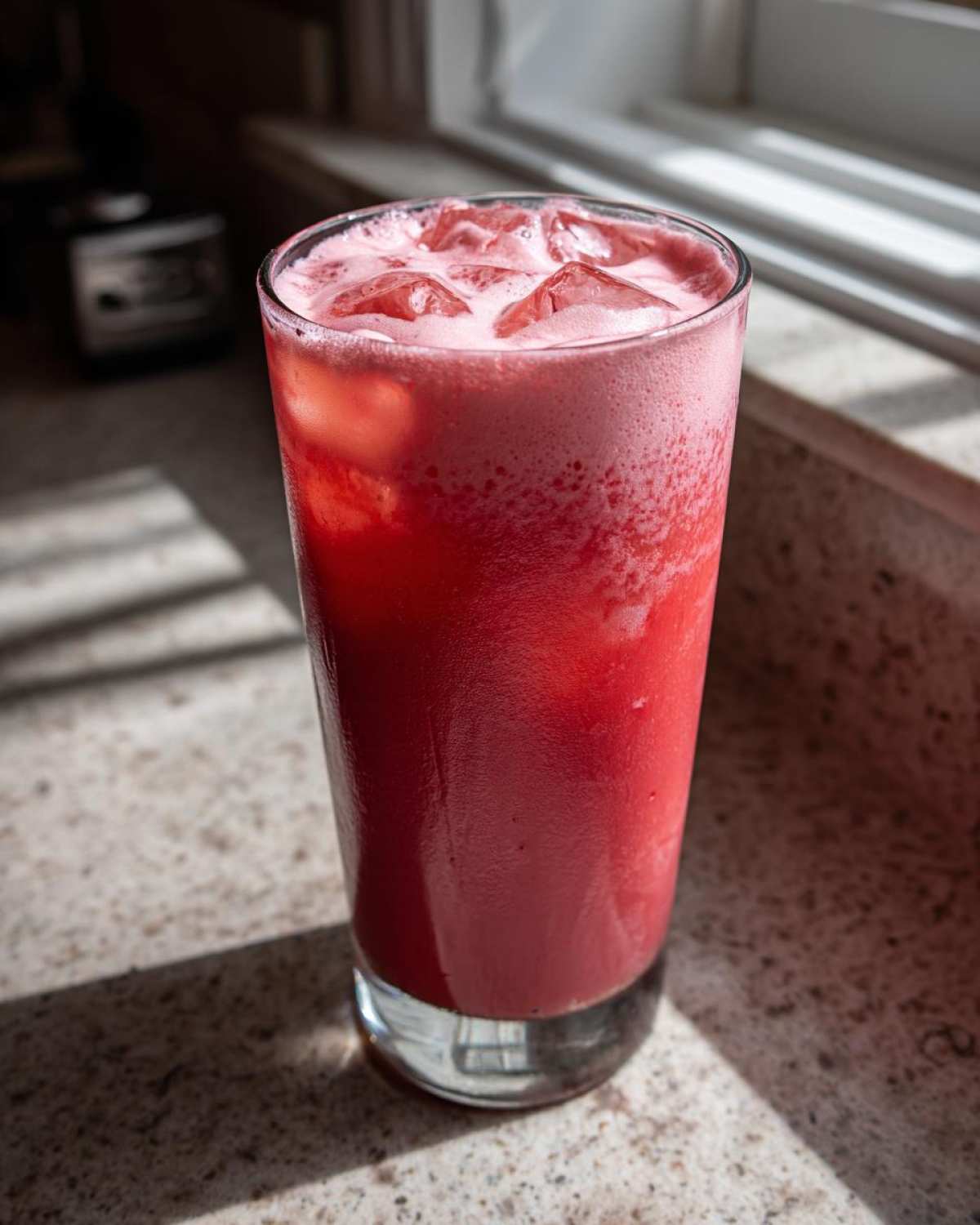 A tall glass filled with vibrant red Strawberry Cream Cold Brew and ice cubes, sitting on a speckled counter near a window.
