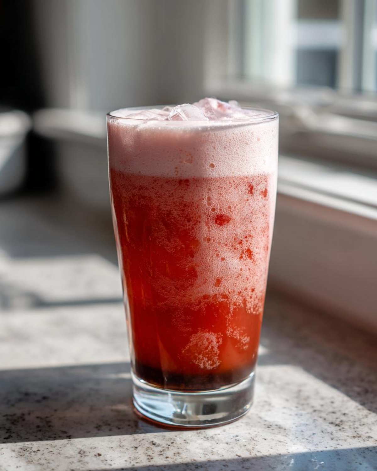 A tall glass filled with vibrant red Strawberry Cream Cold Brew, topped with pink foam and ice cubes, sitting on a counter.
