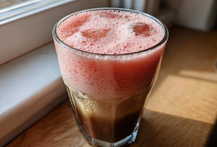 Close-up of a glass filled with layered Strawberry Cream Cold Brew, showing dark coffee below and pink foam on top.