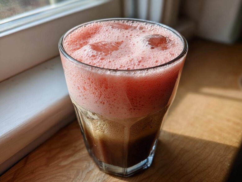 Close-up of a glass filled with layered Strawberry Cream Cold Brew, showing dark coffee below and pink foam on top.