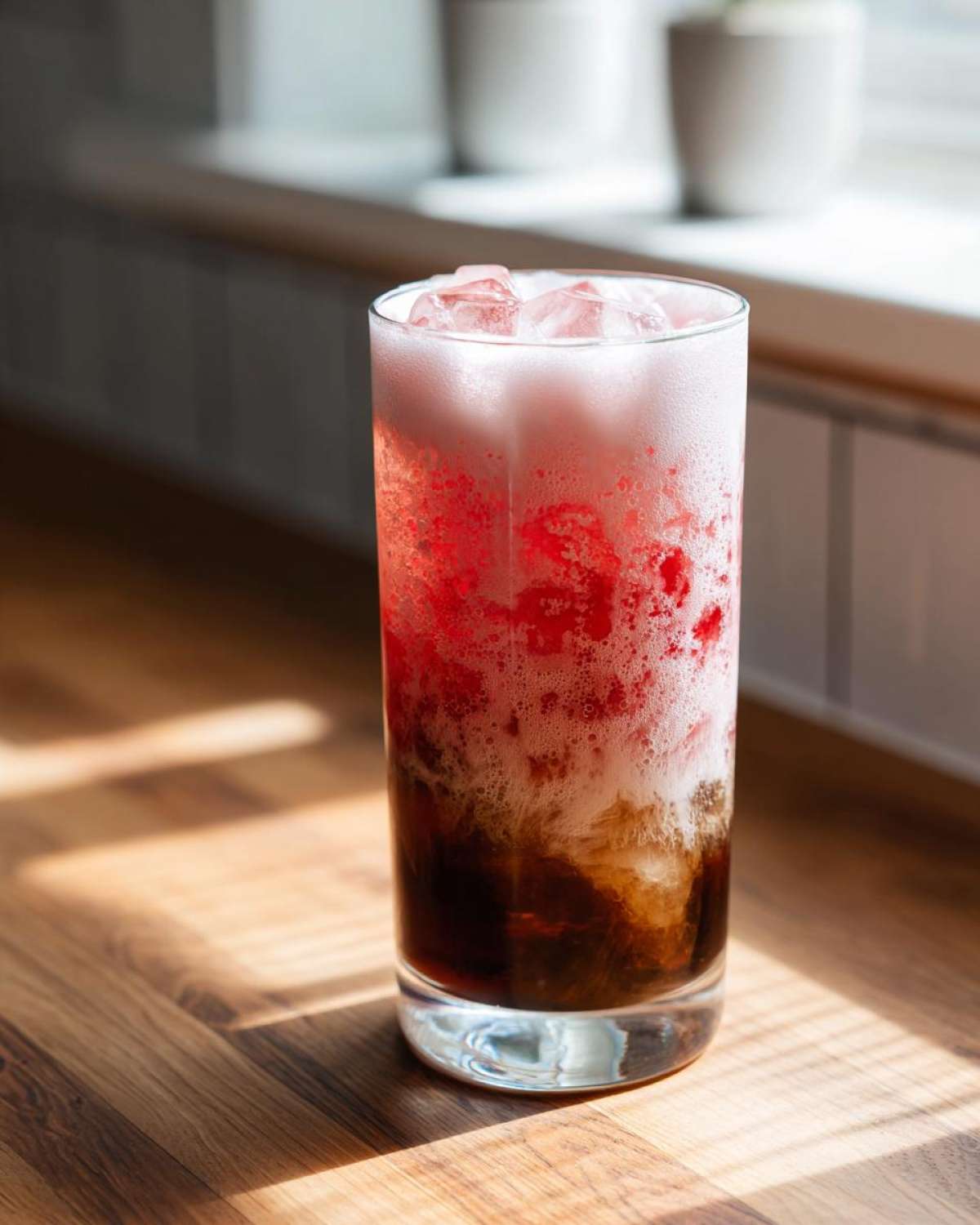A tall glass of layered Strawberry Cream Cold Brew with ice, sitting on a wooden counter near a window.