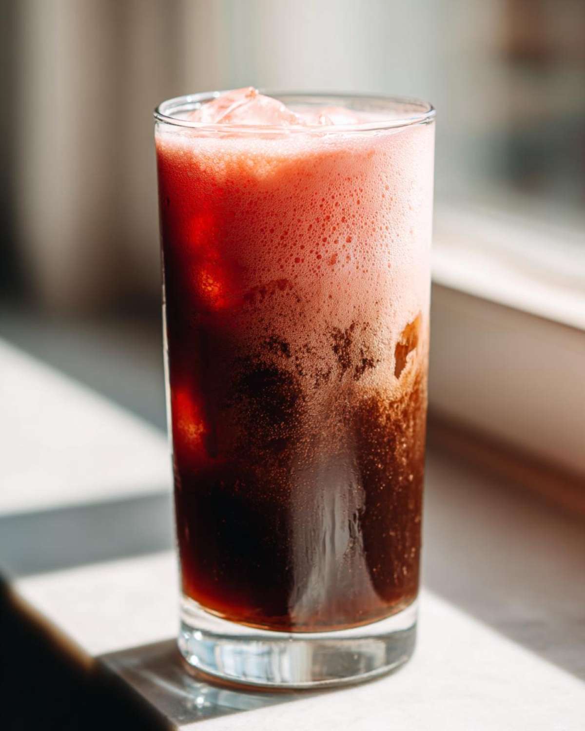 Close-up of a tall glass containing Strawberry Cream Cold Brew with dark coffee below and pink foam on top.