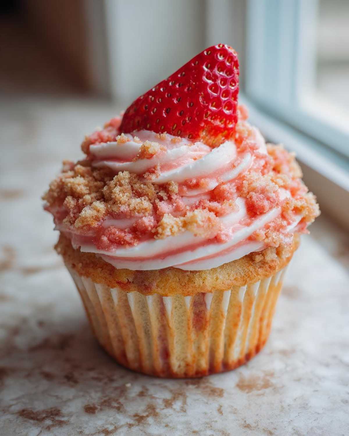 A close-up of a decadent Strawberry Crunch Cupcakes topped with pink and white frosting, crunchy topping, and a fresh strawberry slice.