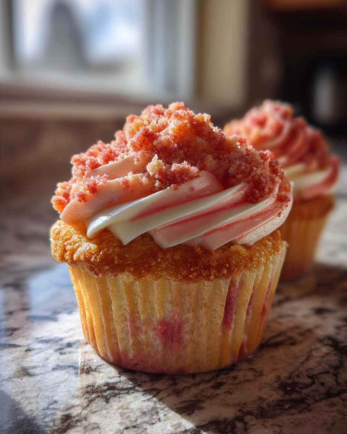 Close-up of a single Strawberry Crunch Cupcakes topped with swirled pink and white frosting and red crunch topping.
