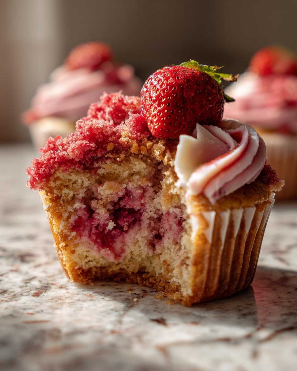 Close-up of a Strawberry Crunch Cupcakes cross-section showing strawberry filling, pink frosting, and a fresh strawberry on top.
