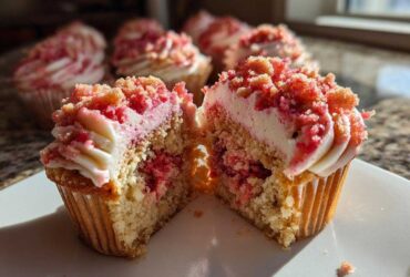 A Strawberry Crunch Cupcakes cut in half showing the moist cake, pink filling, white frosting, and strawberry crunch topping.