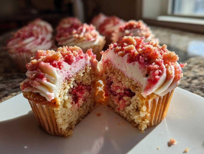 A Strawberry Crunch Cupcakes cut in half showing the moist cake, pink filling, white frosting, and strawberry crunch topping.