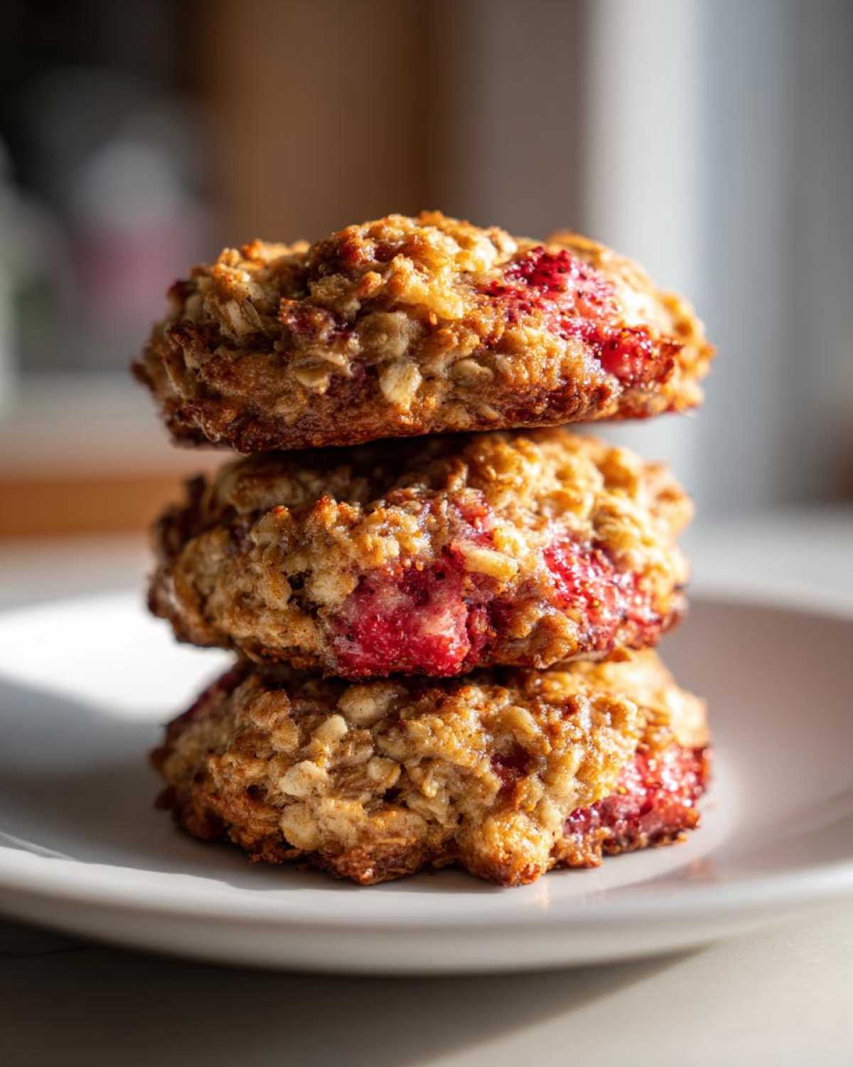 A stack of three golden-brown Strawberry Oatmeal Breakfast Cookies showing visible oats and bright red strawberry filling.