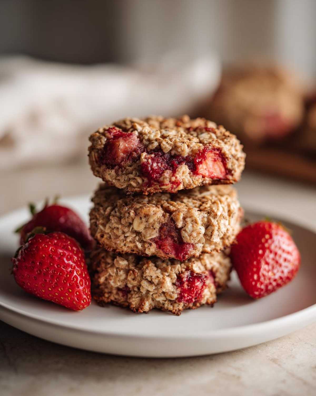 A stack of three moist Strawberry Oatmeal Breakfast Cookies on a white plate, garnished with fresh strawberries.