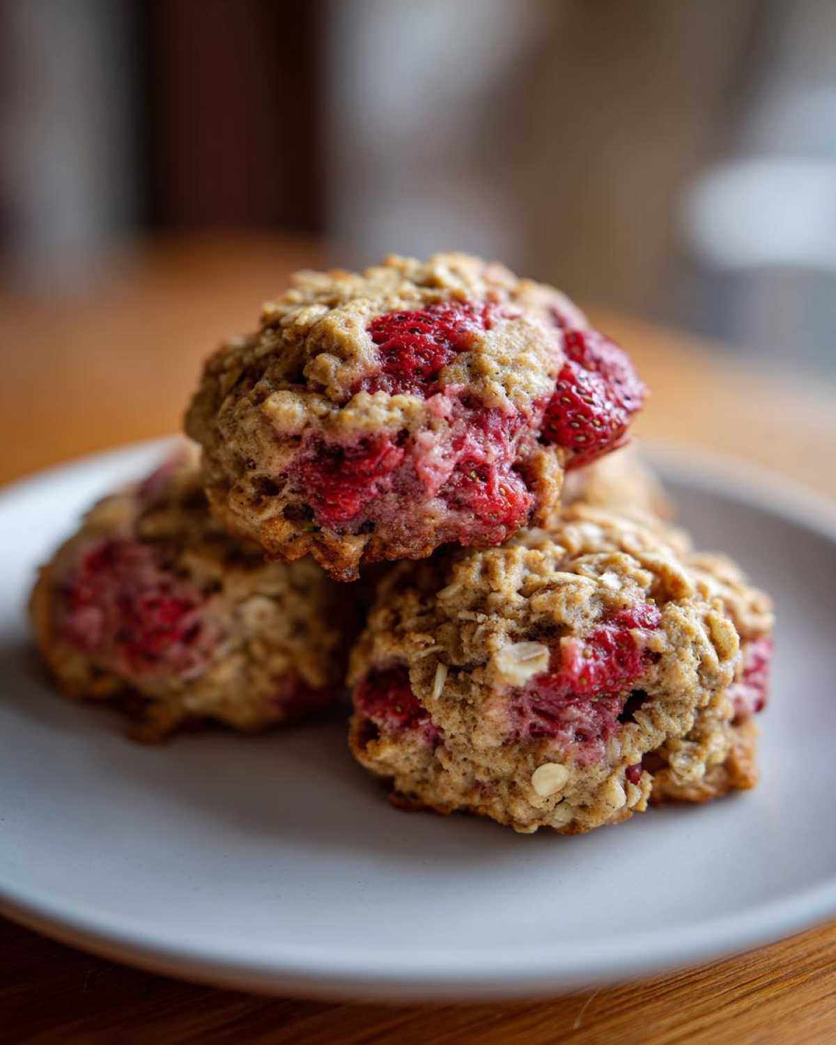 A stack of three soft Strawberry Oatmeal Breakfast Cookies featuring visible oats and bright red baked strawberries.