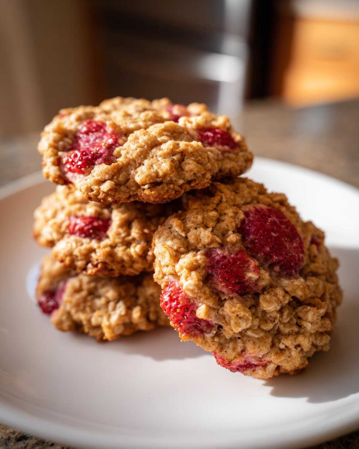 A stack of three golden Strawberry Oatmeal Breakfast Cookies topped with bright red baked strawberries.