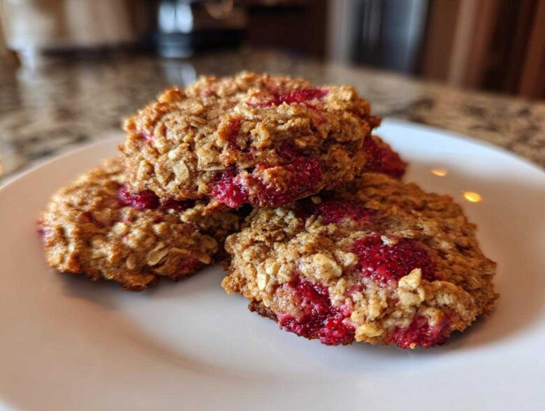 A stack of three freshly baked Strawberry Oatmeal Breakfast Cookies with visible oats and bright red strawberry filling on a white plate.