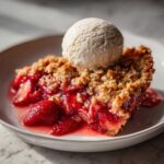 A close-up of a warm slice of Strawberry Rhubarb Crisp topped with a scoop of vanilla ice cream.