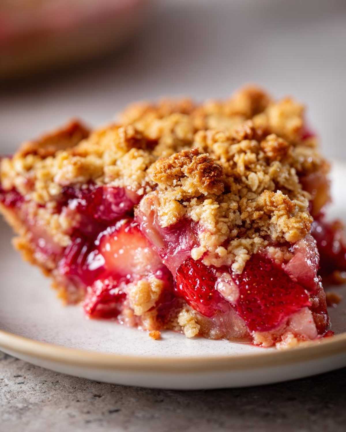 Close-up of a juicy slice of Strawberry Rhubarb Crisp showing bright red strawberries and a golden oat topping.