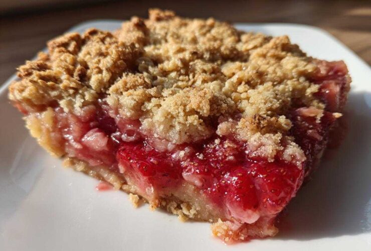 Close-up of a juicy slice of Strawberry Rhubarb Crisp showing the bright red fruit filling and crumbly topping.