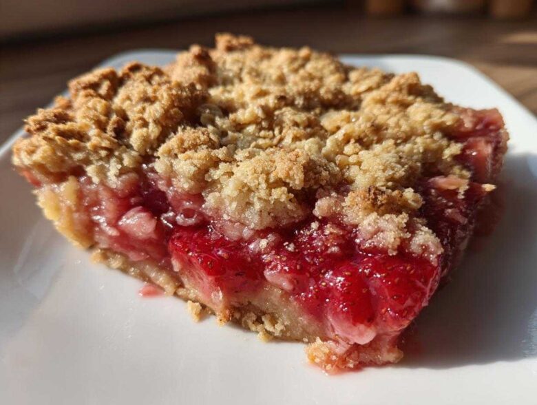 Close-up of a juicy slice of Strawberry Rhubarb Crisp showing the bright red fruit filling and crumbly topping.