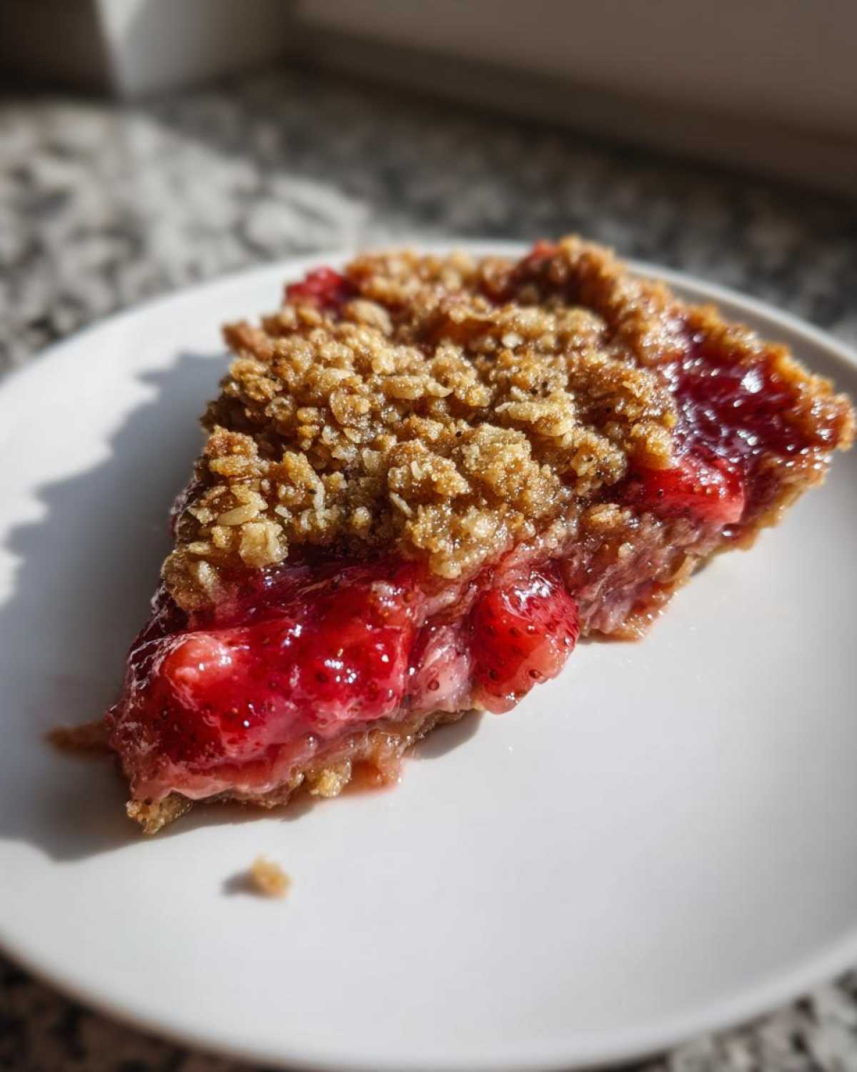 A close-up of a juicy slice of Strawberry Rhubarb Crisp showing the bright red filling and golden oat topping.