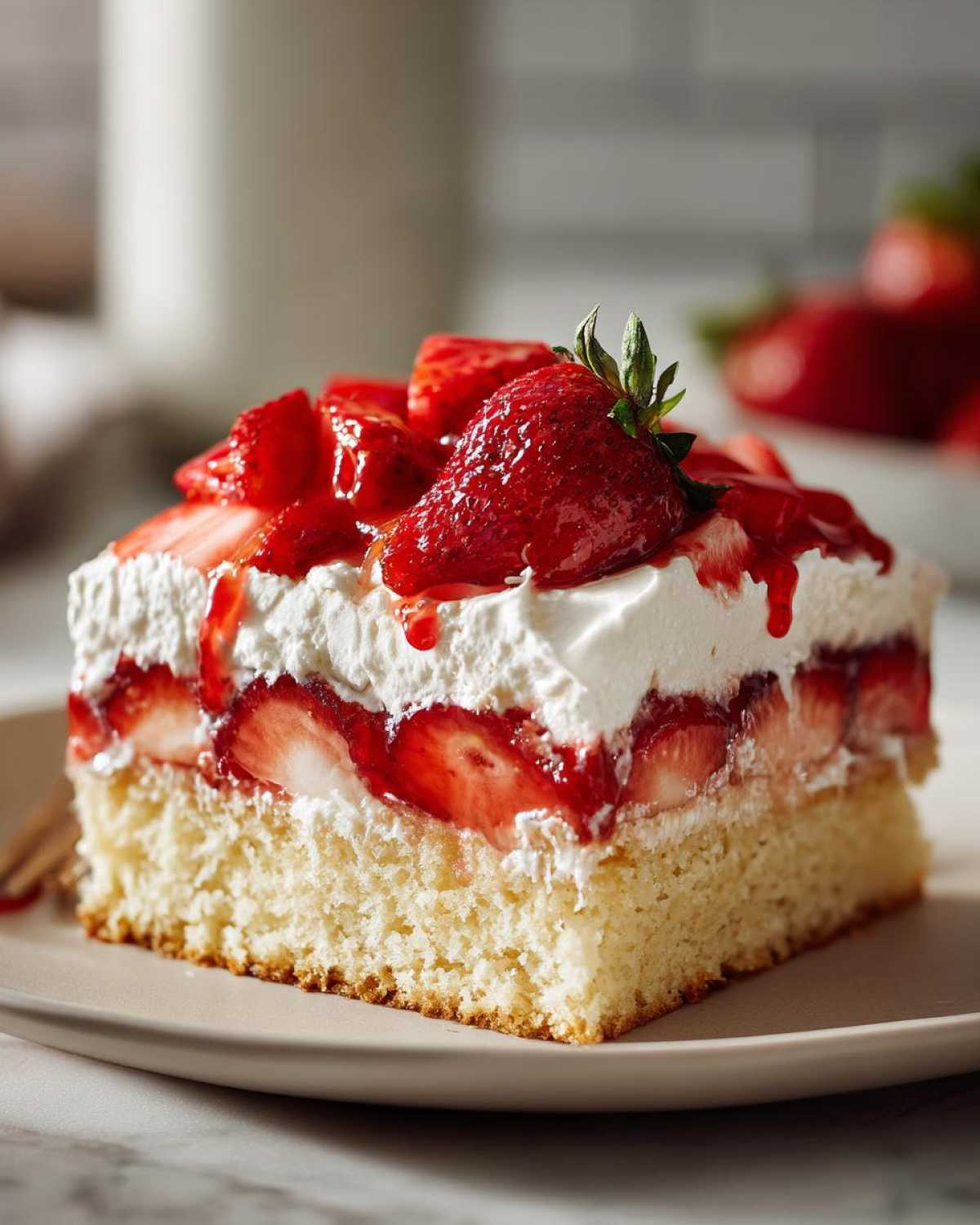 Close-up of a perfect slice of Strawberry Shortcake Sheet Cake with layers of sponge cake, fresh strawberries, and whipped topping.