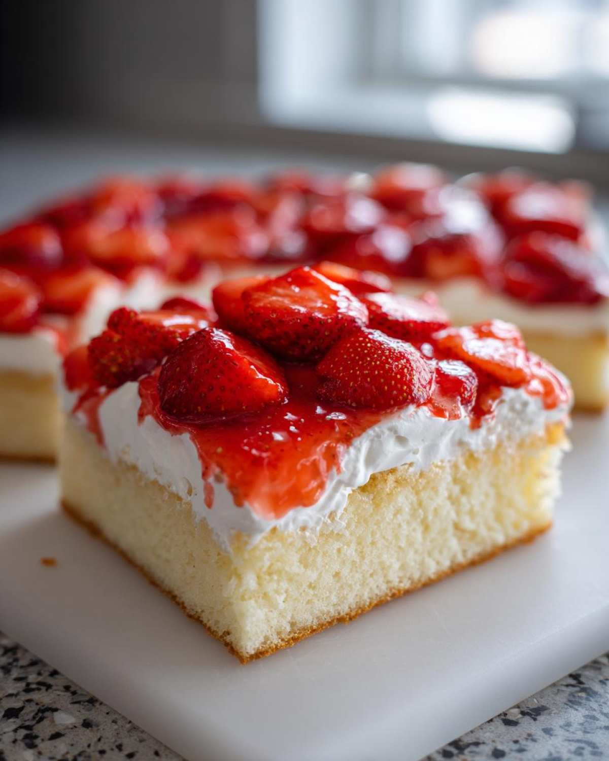 Close-up of a square slice of Strawberry Shortcake Sheet Cake topped with whipped cream and glazed strawberries.