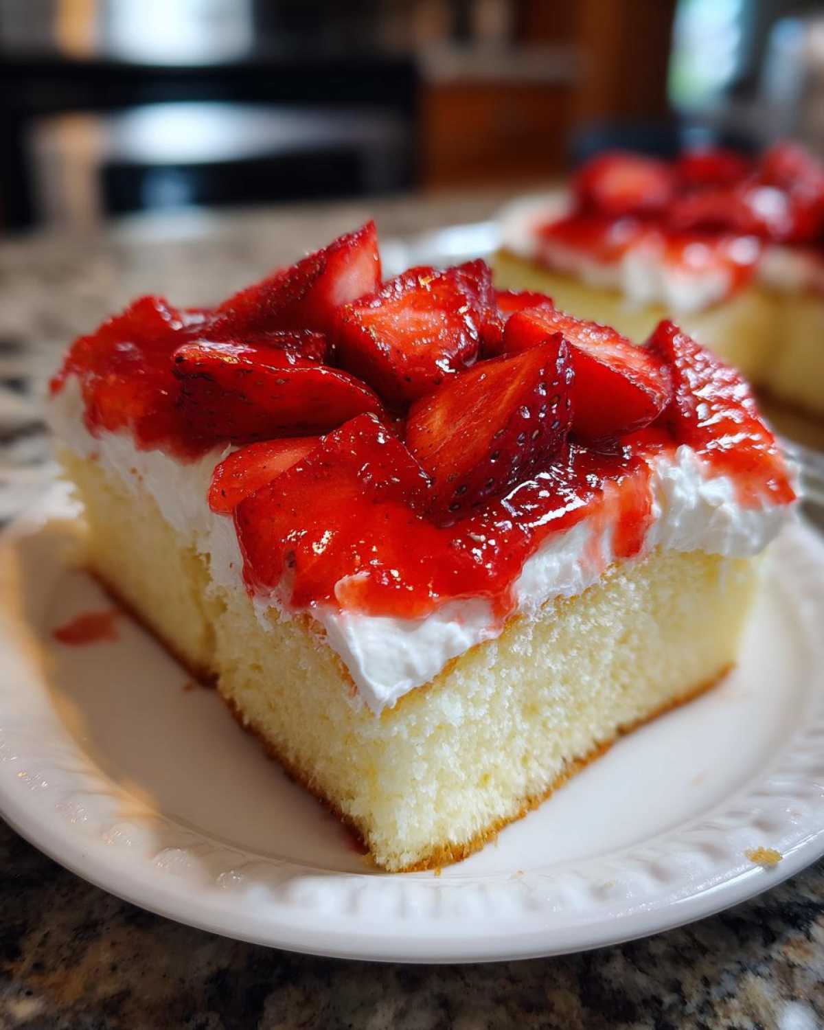 Close-up of a moist slice of Strawberry Shortcake Sheet Cake topped with whipped cream and glazed strawberries.