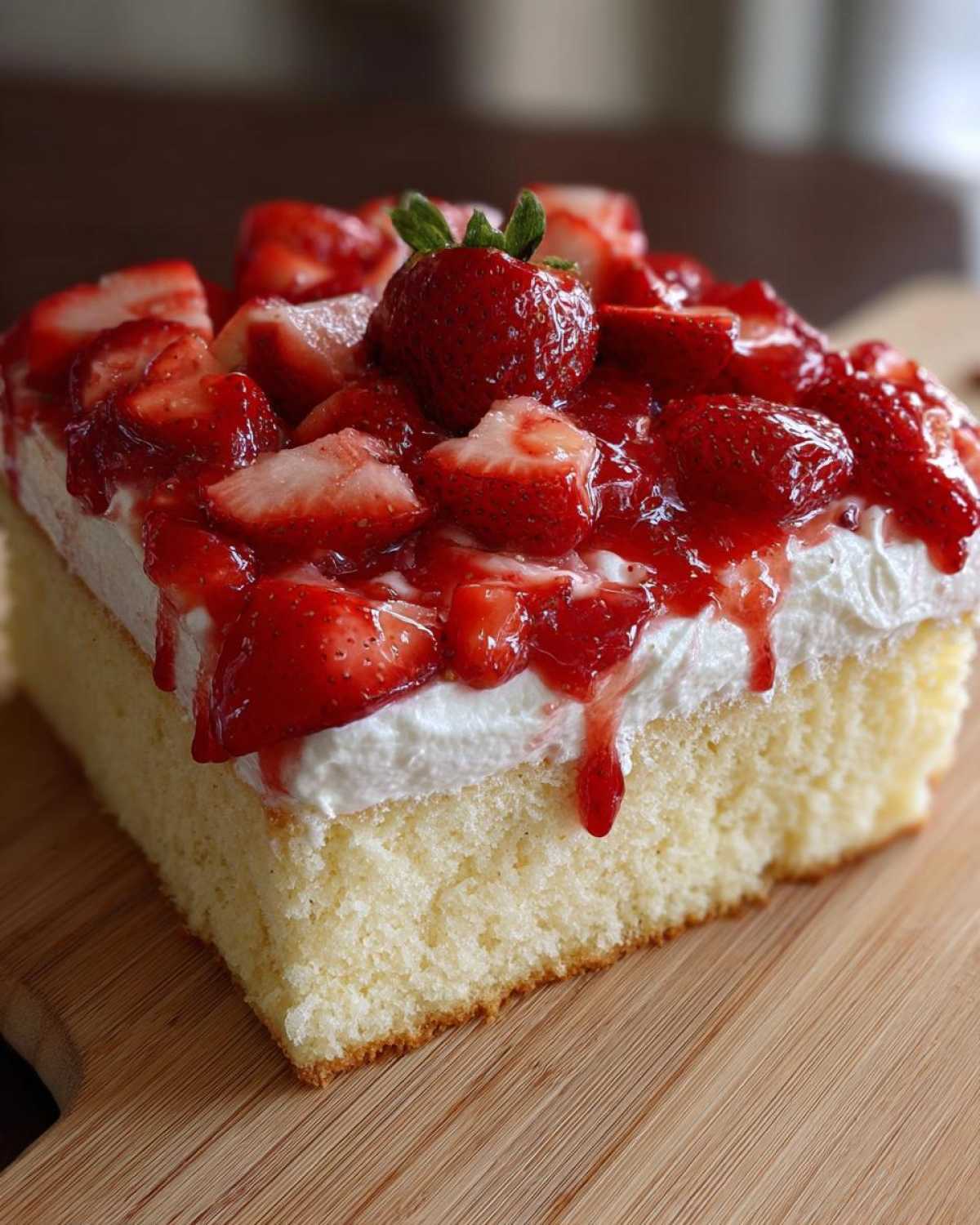A close-up of a square slice of Strawberry Shortcake Sheet Cake with whipped cream and macerated strawberries.