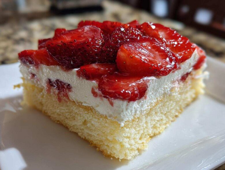 Close-up of a moist slice of Strawberry Shortcake Sheet Cake featuring a light sponge base, whipped cream, and glossy glazed strawberries.