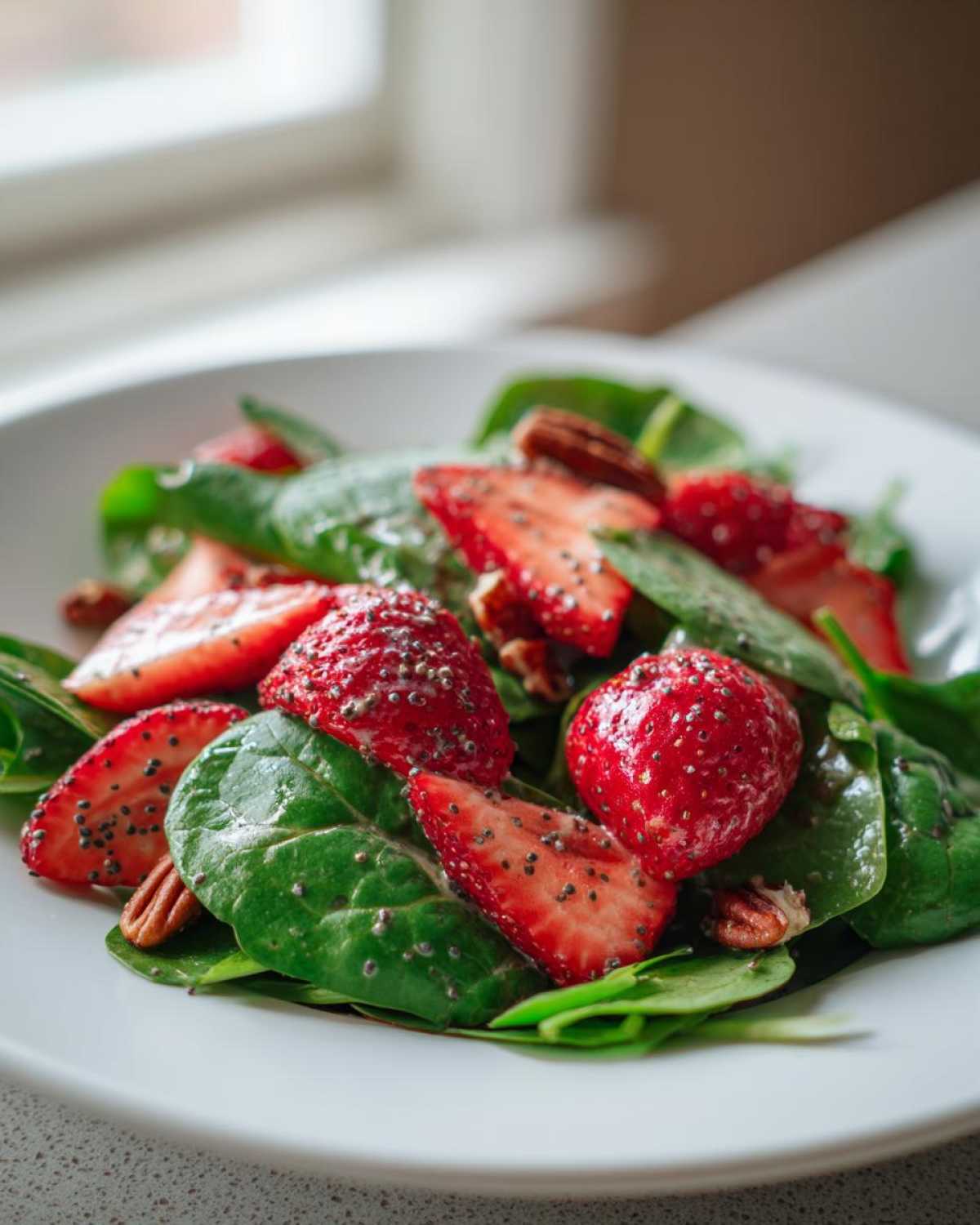 Close-up of fresh Strawberry Spinach Salad featuring sliced strawberries, pecans, and visible poppy seeds on a white plate.