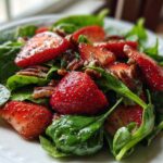 Close-up of fresh Strawberry Spinach Salad with pecans and poppy seed dressing coating the ingredients.
