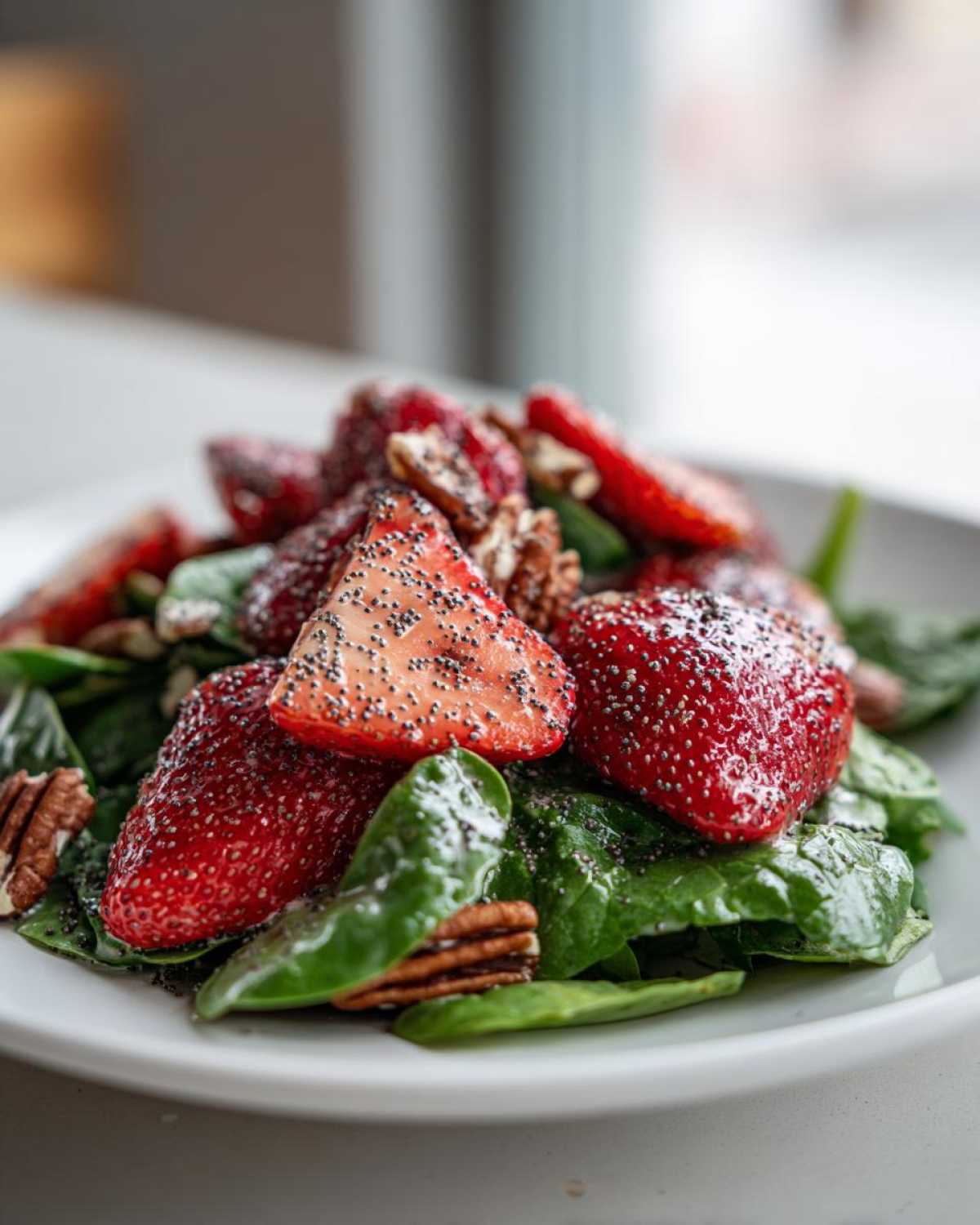 Close-up of a fresh Strawberry Spinach Salad with pecans and visible poppy seeds from the dressing.