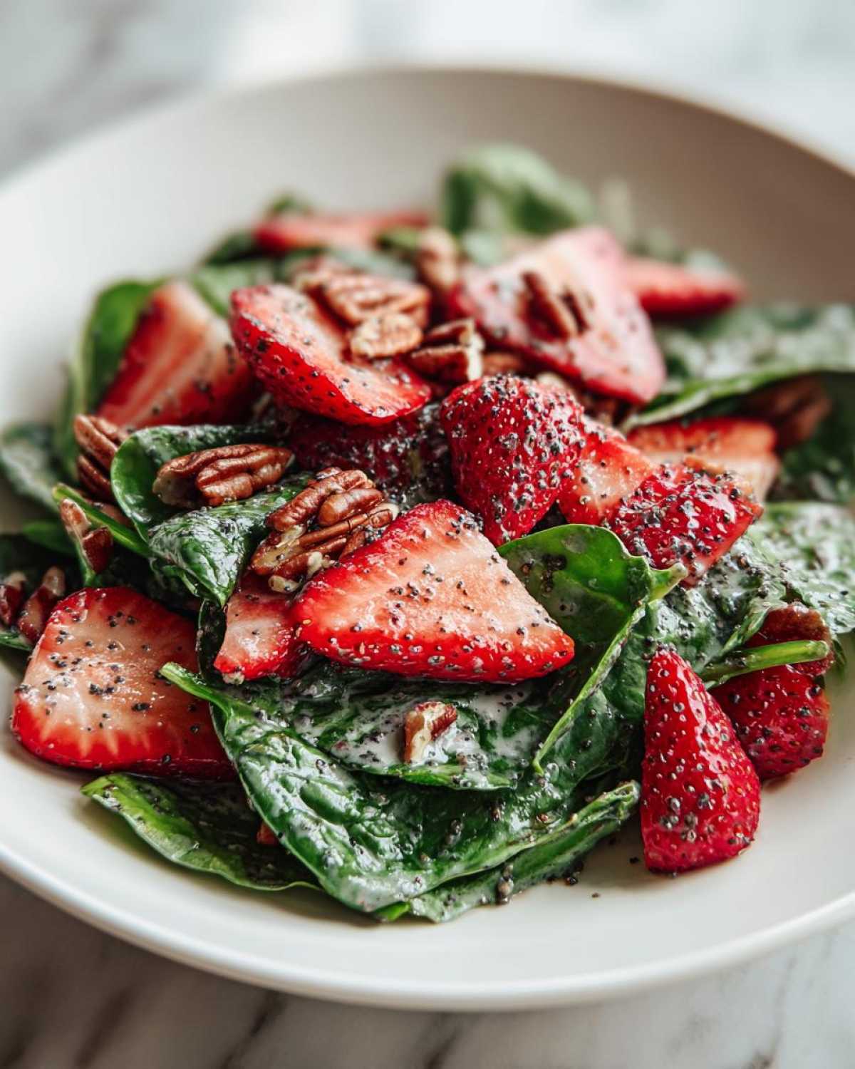 A close-up of a vibrant Strawberry Spinach Salad with poppy seed dressing and pecans in a white bowl.