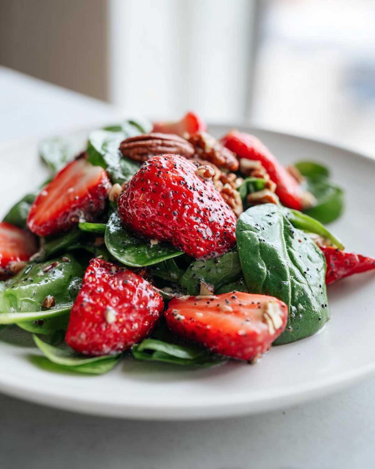 Close-up of fresh Strawberry Spinach Salad tossed with pecans and poppy seed dressing.