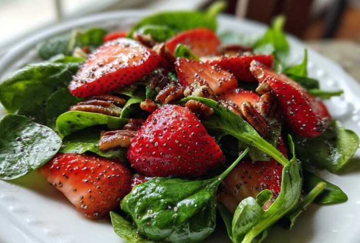 Close-up of fresh Strawberry Spinach Salad with pecans and poppy seed dressing coating the ingredients.