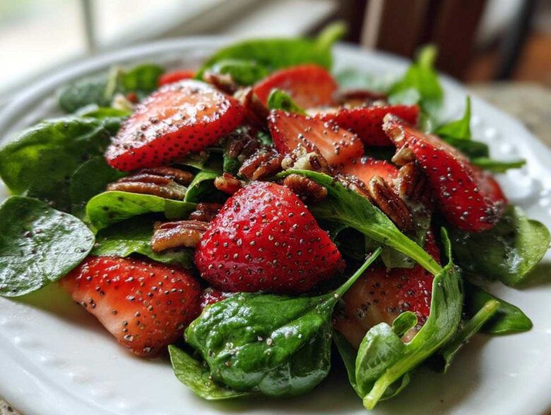 Close-up of fresh Strawberry Spinach Salad with pecans and poppy seed dressing coating the ingredients.