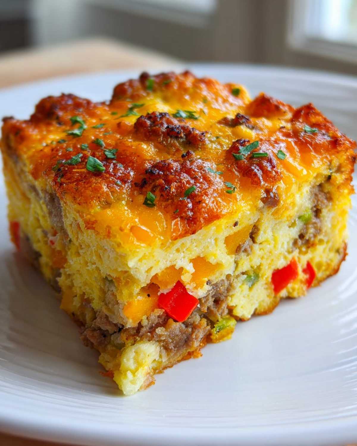 A square serving of Tater Tot Breakfast Casserole featuring eggs, sausage, peppers, and melted cheddar cheese.