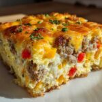 Close-up of a hearty slice of Tater Tot Breakfast Casserole with sausage, peppers, and melted cheese.