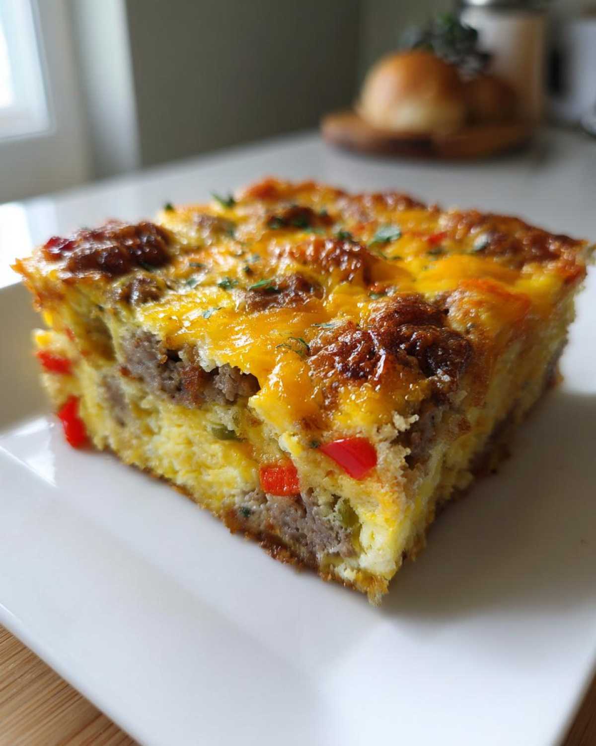 A close-up view of a square slice of Tater Tot Breakfast Casserole with melted cheese and sausage.
