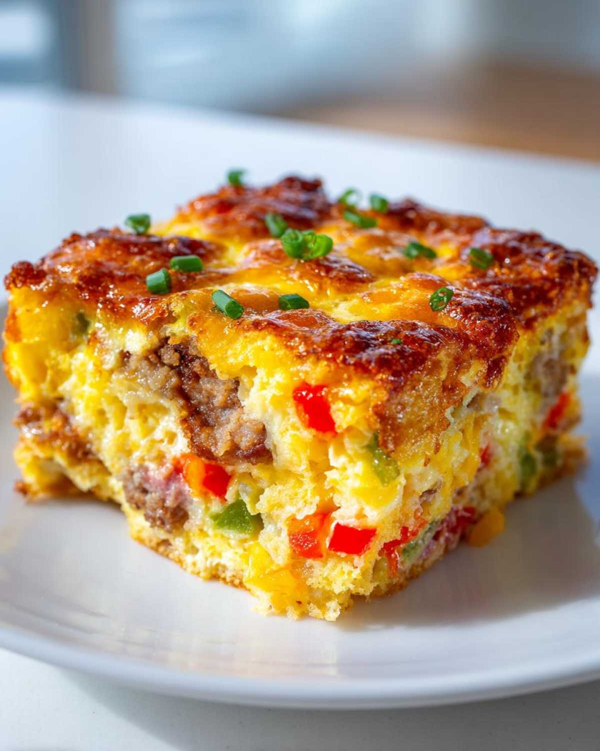 A square slice of Tater Tot Breakfast Casserole featuring eggs, sausage, and colorful peppers, topped with melted cheese and chives.