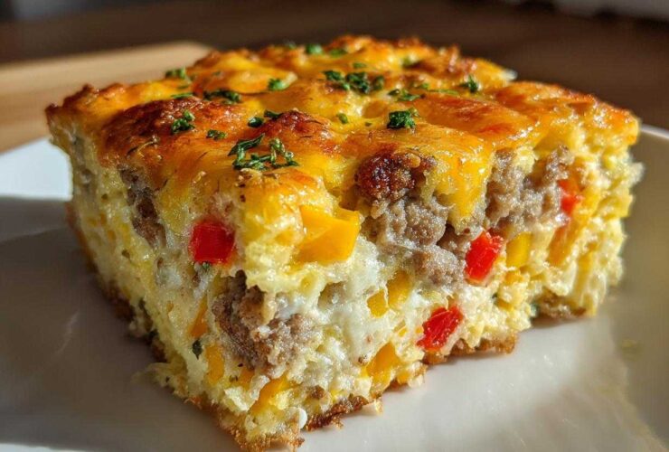Close-up of a hearty slice of Tater Tot Breakfast Casserole with sausage, peppers, and melted cheese.