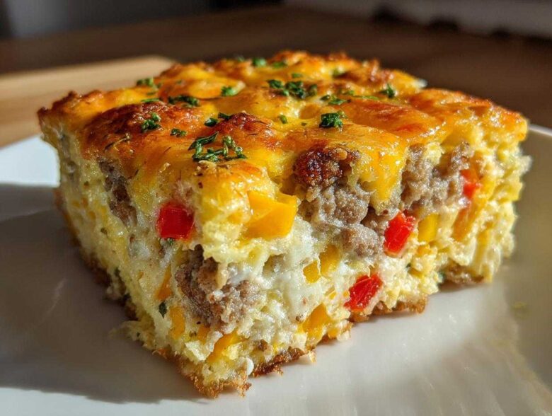 Close-up of a hearty slice of Tater Tot Breakfast Casserole with sausage, peppers, and melted cheese.