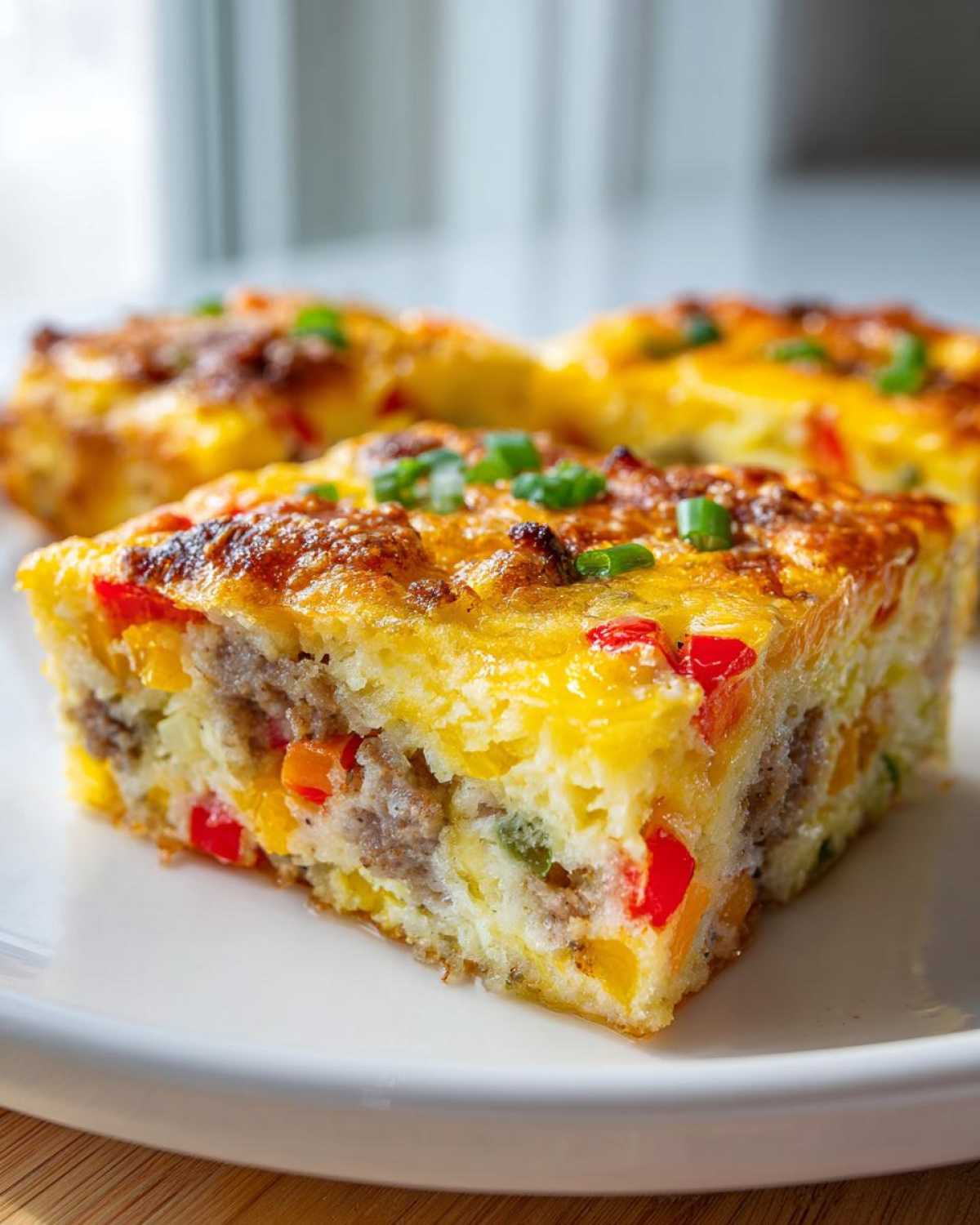Close-up of a square slice of Tater Tot Breakfast Casserole showing sausage, colorful peppers, and a golden, cheesy top.