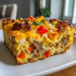 Close-up of a hearty slice of Tater Tot Breakfast Casserole showing layers of egg, sausage, and melted cheese.